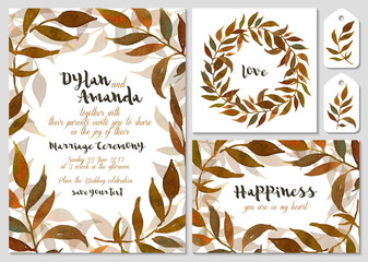 Set of cards, frame and other elements for your design with watercolor leaves. Can be used for wedding design, mothers day, valentines day, birthday cards and other.