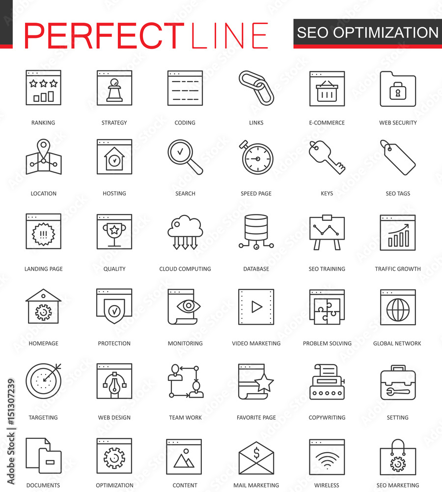Poster Set of Vector SEO Search Engine Optimization thin line web icons set. Outline stroke icon design.