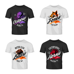 Vintage furious octopus, bear, fox and horse bikers club tee print vector design on t-shirt mockup. 
Street wear t-shirt emblem set. Premium quality wild animal mascot logo concept illustration.