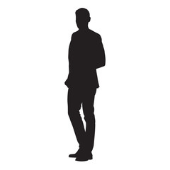 Young man standing in jacket, vector isolated silhouette