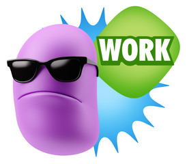 3d Rendering Angry Character Emoji saying Work with Colorful Speech Bubble.