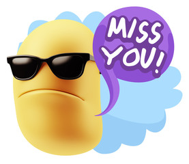 3d Rendering Angry Character Emoji saying Miss You with Colorful Speech Bubble.