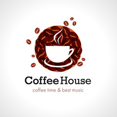 Coffee house cafe logo. Vector design brand sign for coffee shops and cafe bars. Coffee time & best music text