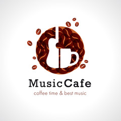 Music cafe logo, cup off coffee and guitar. Vector design brand sign for coffee shops and music cafe bars. Coffee time & best music text