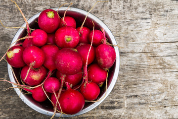 Radishes in metal bowl on wooden table
