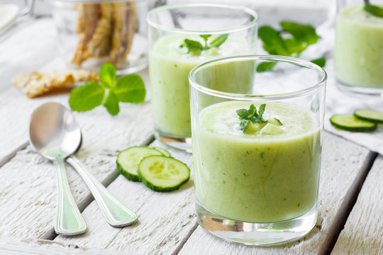 Cold cucumber soup with avocado and mint