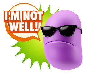 3d Rendering Angry Character Emoji saying I'm not Well with Colorful Speech Bubble.