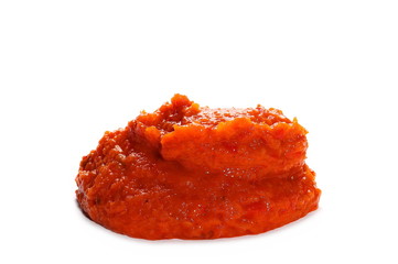 Ajvar, roasted red pepper and eggplant dish, isolated on white background