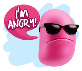 3d Rendering Angry Character Emoji saying I'm Angry with Colorful Speech Bubble.