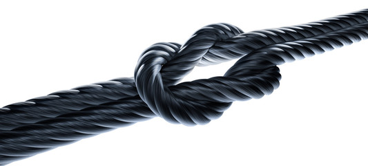 Kreuzknoten mit dunklem Seil in Perspektive vor Weiß