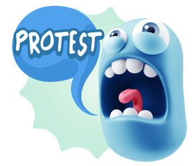 3d Rendering Angry Character Emoji saying Protest with Colorful Speech Bubble.