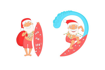 Smiling summer Santa Claus with African braids in the beard, cap and bag with gifts on a surfboard with stars
