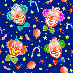 Fototapeta na wymiar Seamless pattern with laughing cute clowns in dark blue background.