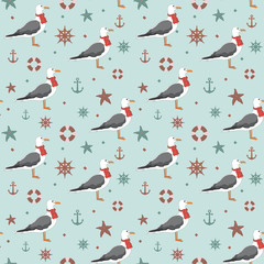 Vector seamless pattern with seagull, anchor, lifebuoy, starfish, wheel.Stylish background for fabric, textile, kitchen design or other surfaces