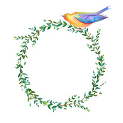 Floral wreath.Garland of a eucalyptus branches and bird.Frame of a herbs.Watercolor hand drawn illustration.It can be used for greeting cards, posters, wedding cards.