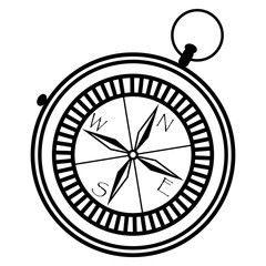 Simple nautical compass  showing directions: west, east, south, north in black and white in geometric monochrome star style pointers