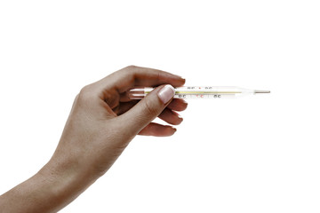 African female hand holds thermometer on a white background.