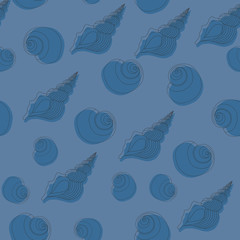Seamless blue pattern with seashells. Line work.