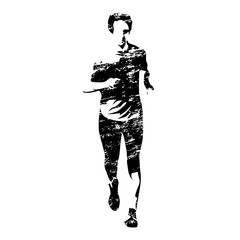 Running man, grungy vector silhouette, front view