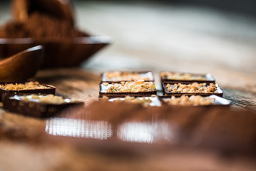Chocolate bar pieces with cocoa powder.  Background with chocolate. Slices of chocolate,  Copyspace