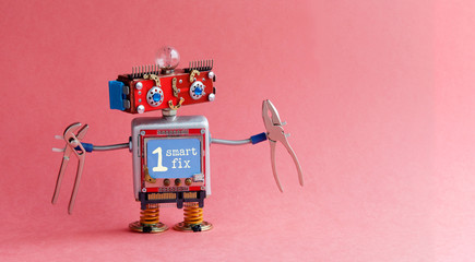 Robotic handyman electrician red head, blue monitor body, light bulb, pliers. Smart fix message on display. Cute toy character cyberpunk machinery style. Pink background, copy space for your text