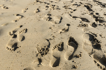 People leave tracks on sand beach El Cotillo, Fuerteventura, Canary Islands, Spain