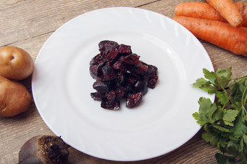 Baked beetroot for a vegetable salad. Ingredients for cooking healthy food from organic products