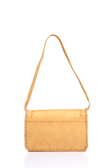 Leather ladies bag on a white background. Beautiful, fashionable, accessory, isolated. Interesting design, the texture of the skin. Comfortable handle.