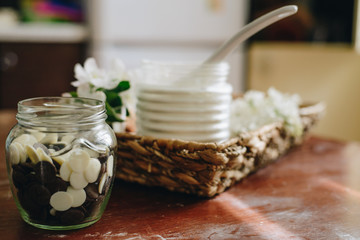 Chocolate chip soft cookies in a glass jar