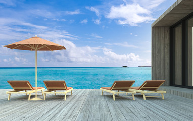 Obraz premium 3D rendering, Beach chairs on wooden floor with blurred blue sky background.