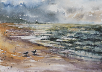 Calm before the storm and seagulls on a beach.Picture created with watercolors.