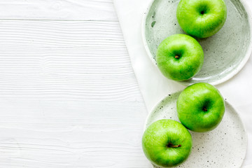 ripe green apples white table background top view space for text