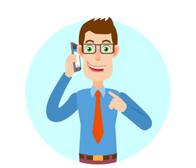 Businessman pointing his finger at the mobile phone that he talks