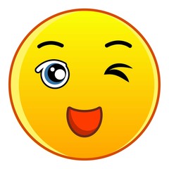 Winking smiling yellow face icon, cartoon style