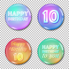 10th anniversary icons set. Happy birthday labels for greeting card or decoration. Jubilee 10 years old celebration. Glossy circle stickers with text