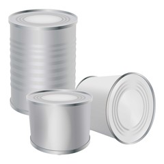 Blank tin cans mockup, realistic style