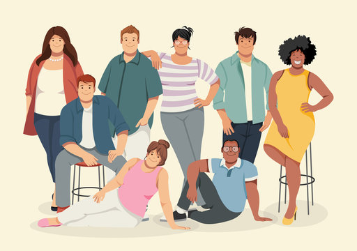 Group of cartoon fat young people. Plus size teenagers.
