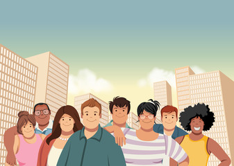 Cartoon fat young people in the city. Plus size teenagers.

