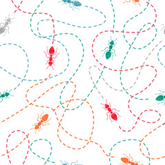 Seamless watercolor ants with traces pattern. Vector background.