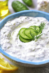 Tzatziki - yoghurt sauce with cucumber and dill.