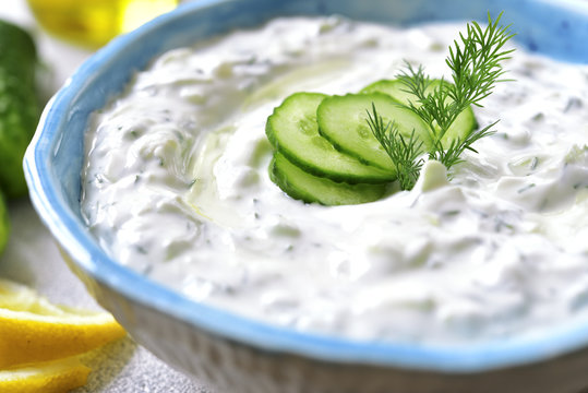 Tzatziki - yoghurt sauce with cucumber and dill.