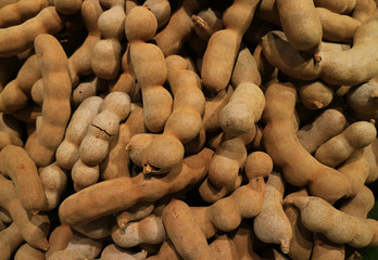 Pile of ripe Tamarind fruits, tasty tropical fruits of Thailand 