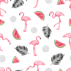 Naadloze tropische trendy patroon met aquarel flamingo& 39 s, watermeloen en palmbladeren. Vector zomer achtergrond.