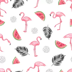 Washable wall murals Watermelon Seamless tropical trendy pattern with watercolor flamingos, watermelon and palm leaves. Vector summer background.