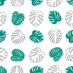 Seamless tropical palm leaves pattern. Summer vector background.