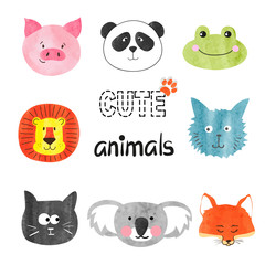 Watercolor cute animals set. Vector illustration for kids design.