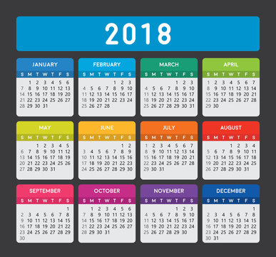 Calendar 2018.
Calendar vector design and template on dark background. Isolated background.