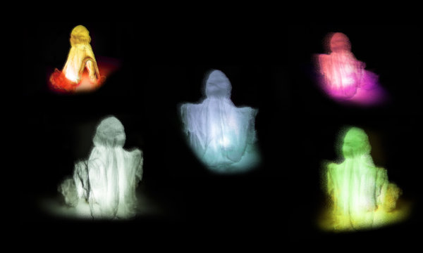Many Halloween Ghosts on a Black Background. With Lighting Inside (Color Distortion Effect)