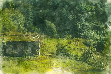 Obraz premium Landscape and traditional house in Georgia, Hulo. Painting watercolor.