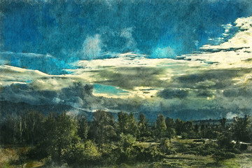 Landscape in Georgia, Kakheti. Painting watercolor.